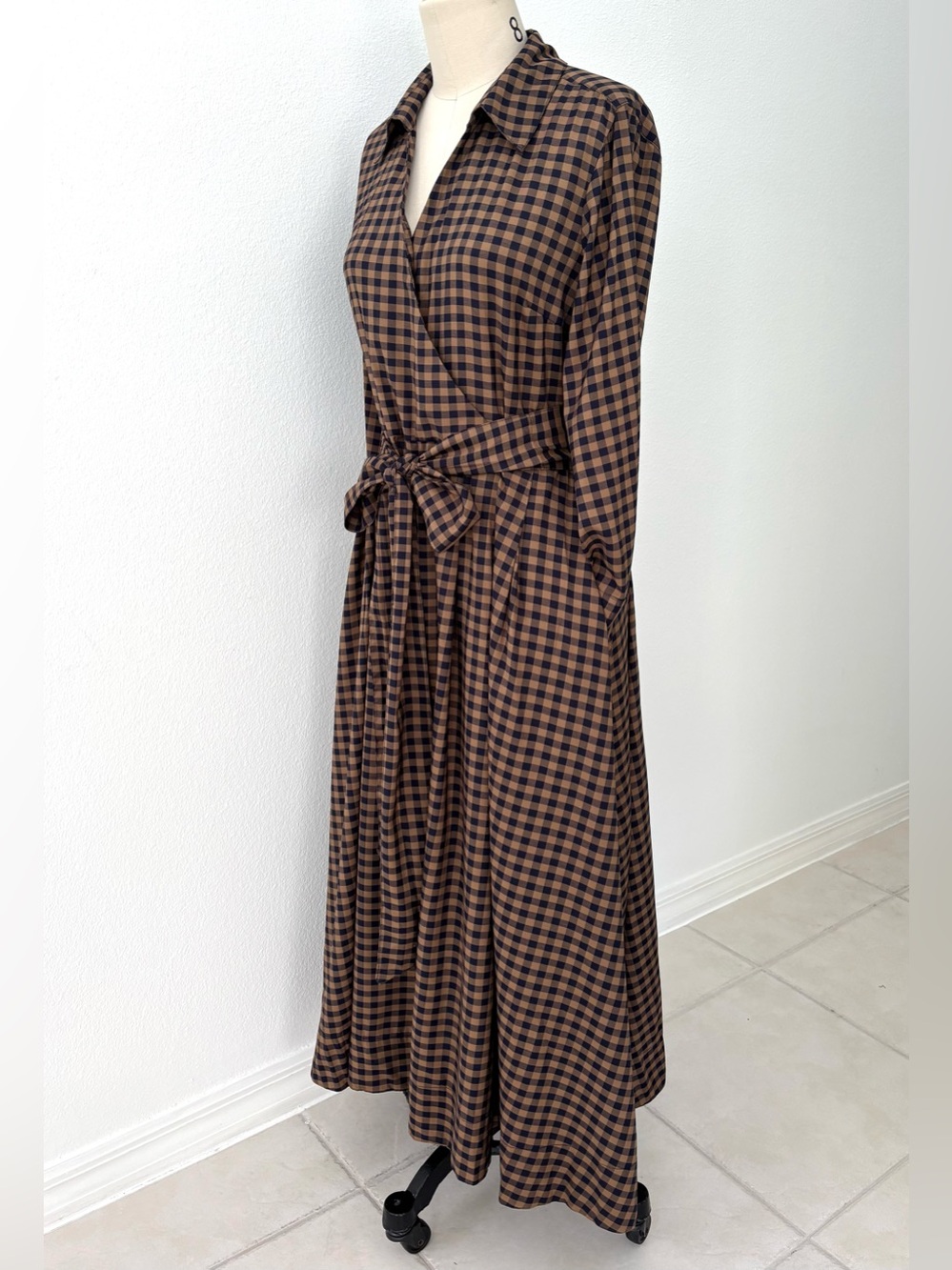 Zara ZW Collection Plaid Midi Shirt Dress NWT Navy Tan Long Sleeves L - Picture 3 of 8